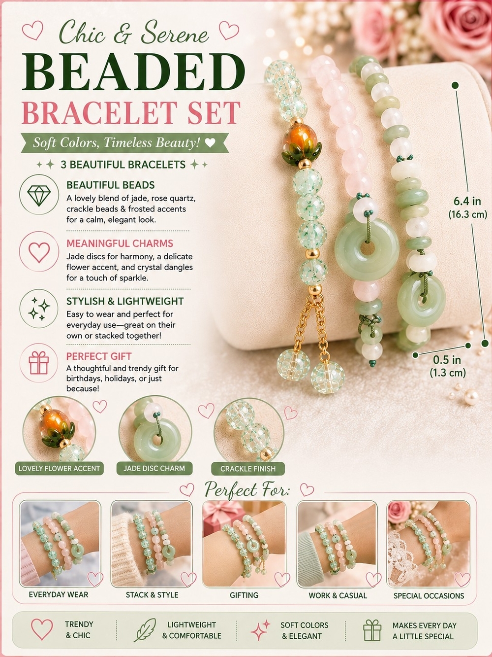 3 Beaded Bracelet Set — Jade, Rose Quartz & Green Crackle